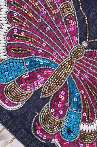 Twisha Girls Elaborate Butterfly Embroidered Denim Crop Top & Foil Printed Gahgra - Blue & Pink
