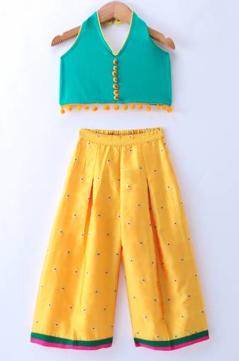 Twisha Girls Solid Knit Top Embellished With Pompom & Potali Buttons With Palazzo -  Seagreen & Yellow