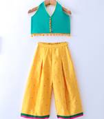 Twisha Girls Solid Knit Top Embellished With Pompom & Potali Buttons With Palazzo -  Seagreen & Yellow