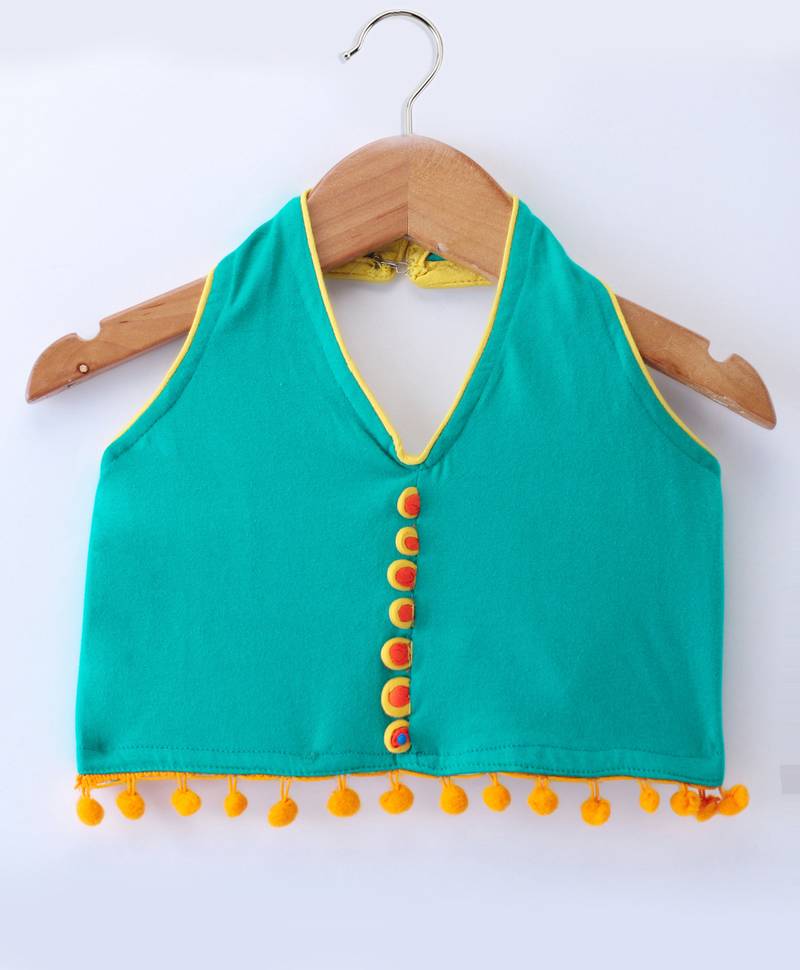 Twisha Girls Solid Knit Top Embellished With Pompom & Potali Buttons With Palazzo -  Seagreen & Yellow