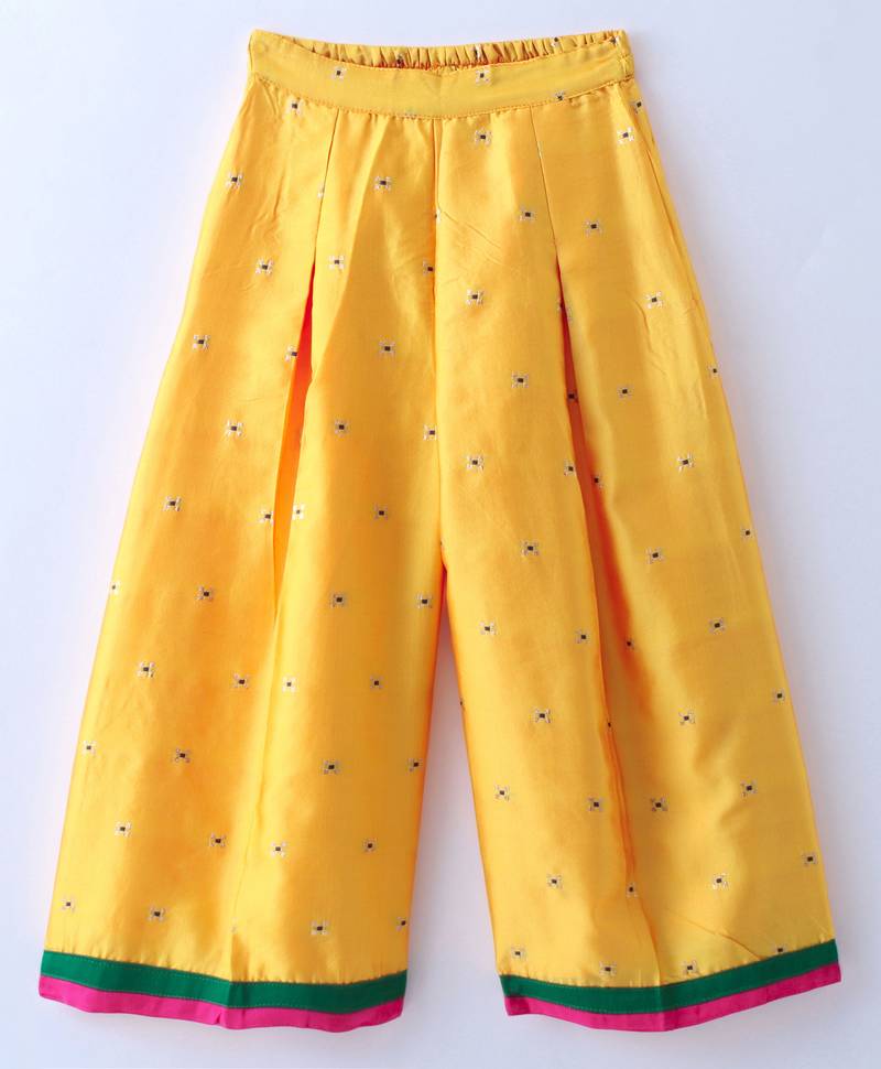 Twisha Girls Solid Knit Top Embellished With Pompom & Potali Buttons With Palazzo -  Seagreen & Yellow