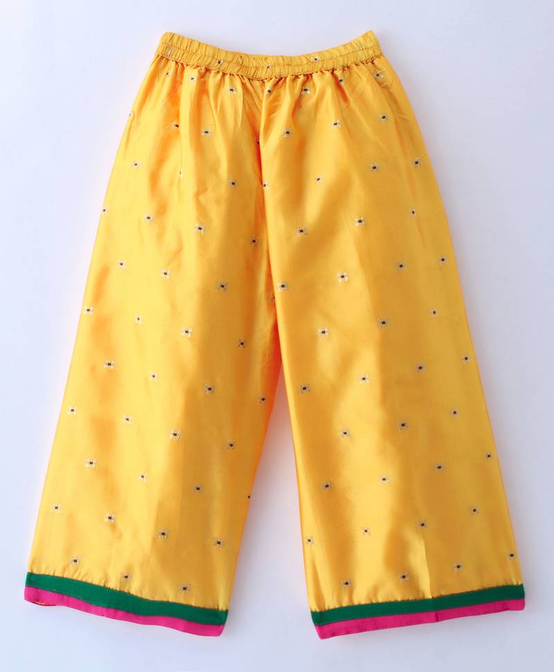 Twisha Girls Solid Knit Top Embellished With Pompom & Potali Buttons With Palazzo -  Seagreen & Yellow