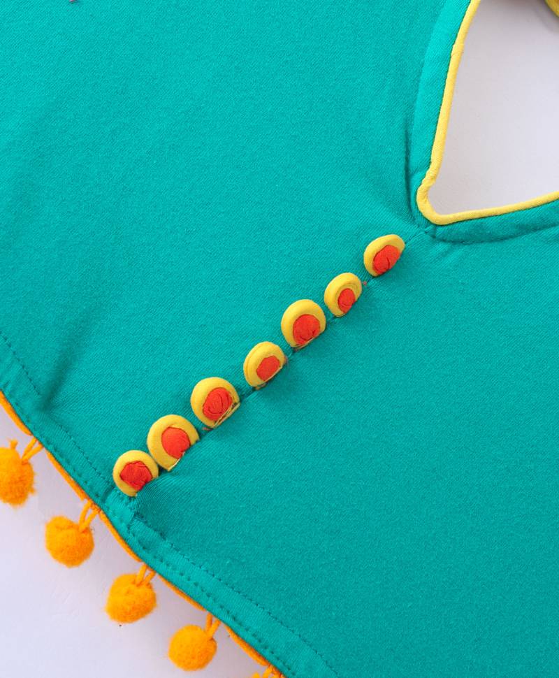 Twisha Girls Solid Knit Top Embellished With Pompom & Potali Buttons With Palazzo -  Seagreen & Yellow