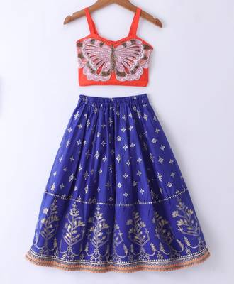 Twisha Girls Elaborate Butterfly Embroidered Crop Top & Foil Printed Ghagra - Orange & Blue 1