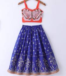 Twisha Girls Elaborate Butterfly Embroidered Crop Top & Foil Printed Ghagra - Orange & Blue