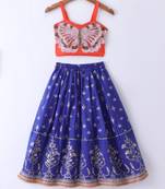 Twisha Girls Elaborate Butterfly Embroidered Crop Top & Foil Printed Ghagra - Orange & Blue