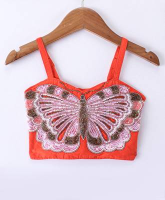 Twisha Girls Elaborate Butterfly Embroidered Crop Top & Foil Printed Ghagra - Orange & Blue 2