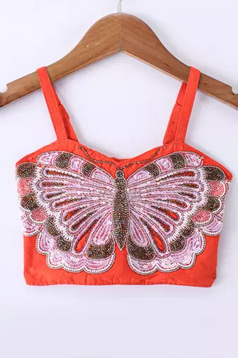 Twisha Girls Elaborate Butterfly Embroidered Crop Top & Foil Printed Ghagra - Orange & Blue