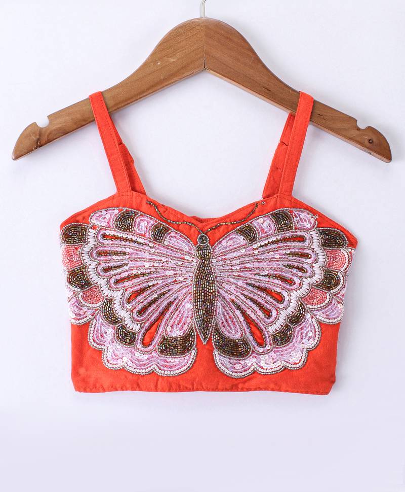 Twisha Girls Elaborate Butterfly Embroidered Crop Top & Foil Printed Ghagra - Orange & Blue