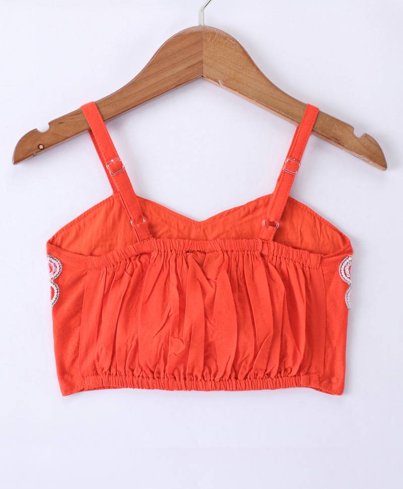 Twisha Girls Elaborate Butterfly Embroidered Crop Top & Foil Printed Ghagra - Orange & Blue