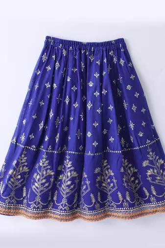 Twisha Girls Elaborate Butterfly Embroidered Crop Top & Foil Printed Ghagra - Orange & Blue
