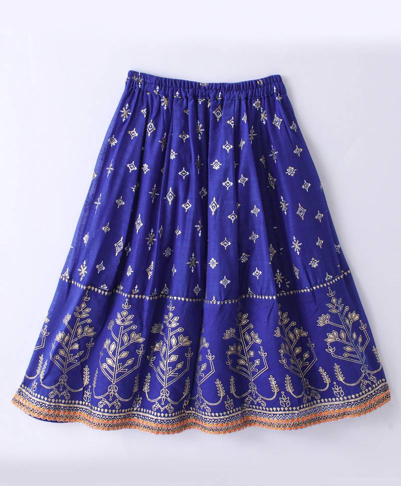 Twisha Girls Elaborate Butterfly Embroidered Crop Top & Foil Printed Ghagra - Orange & Blue