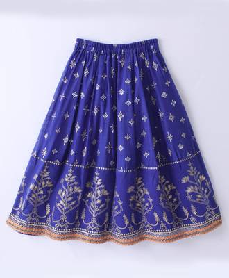 Twisha Girls Elaborate Butterfly Embroidered Crop Top & Foil Printed Ghagra - Orange & Blue 5