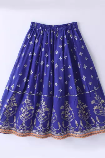 Twisha Girls Elaborate Butterfly Embroidered Crop Top & Foil Printed Ghagra - Orange & Blue