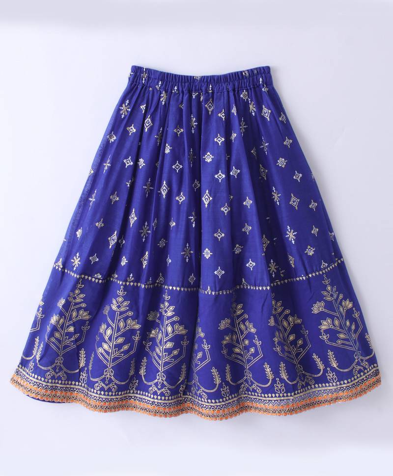 Twisha Girls Elaborate Butterfly Embroidered Crop Top & Foil Printed Ghagra - Orange & Blue