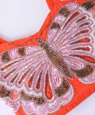Twisha Girls Elaborate Butterfly Embroidered Crop Top & Foil Printed Ghagra - Orange & Blue 6