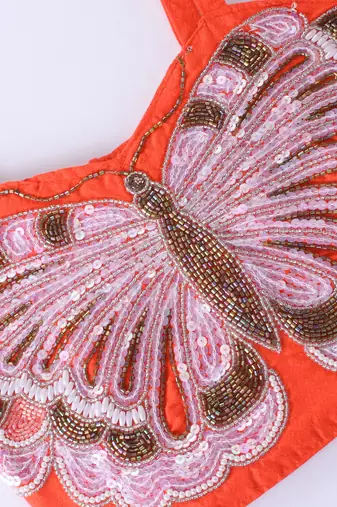 Twisha Girls Elaborate Butterfly Embroidered Crop Top & Foil Printed Ghagra - Orange & Blue