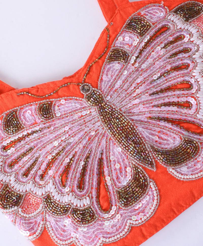 Twisha Girls Elaborate Butterfly Embroidered Crop Top & Foil Printed Ghagra - Orange & Blue