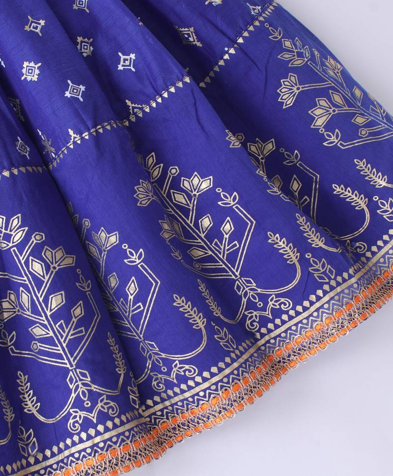 Twisha Girls Elaborate Butterfly Embroidered Crop Top & Foil Printed Ghagra - Orange & Blue