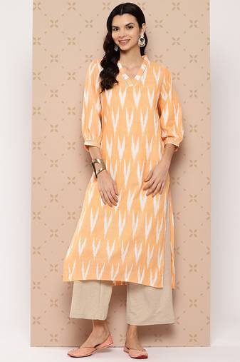 Yufta women orange pure cotton ikat print kurta