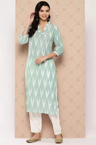 Yufta women sea green pure cotton ikat print kurta