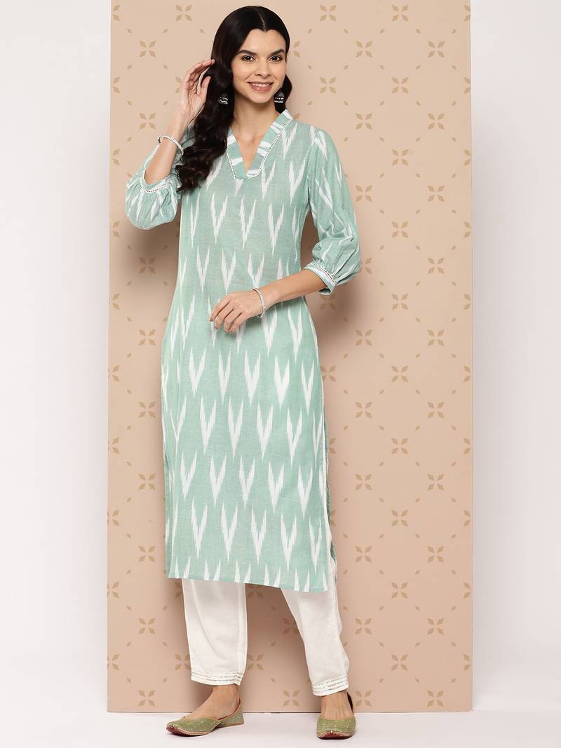Yufta women sea green pure cotton ikat print kurta