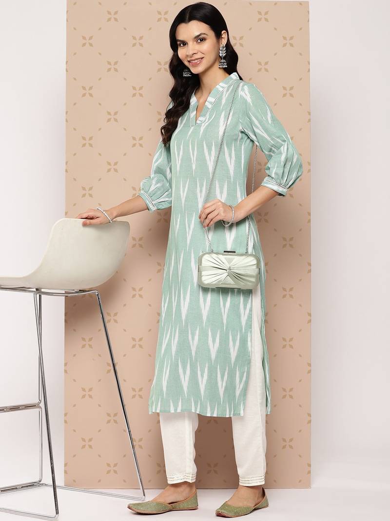 Yufta women sea green pure cotton ikat print kurta