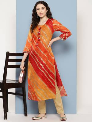 Yufta women yellow leheriya and cotton lining straight kurta 1