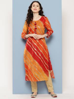 Yufta women yellow leheriya and cotton lining straight kurta 2
