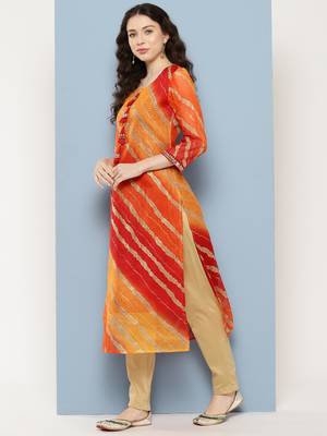 Yufta women yellow leheriya and cotton lining straight kurta 4
