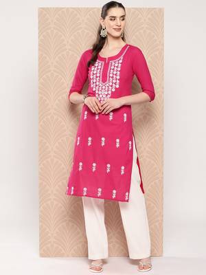  hot pink chikankari straight kurta 1