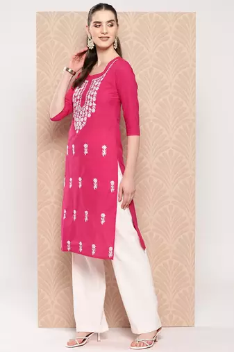  hot pink chikankari straight kurta