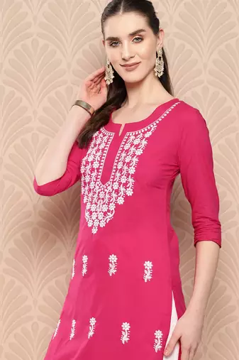  hot pink chikankari straight kurta