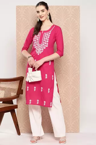  hot pink chikankari straight kurta