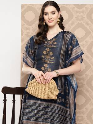 Yufta women blue cutdana work floral print kaftan kurta 1