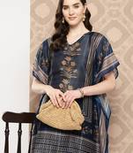 Yufta women blue cutdana work floral print kaftan kurta