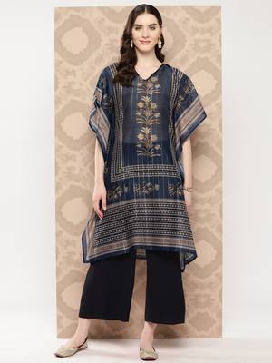 Yufta women blue cutdana work floral print kaftan kurta 2