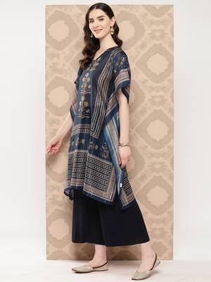 Yufta women blue cutdana work floral print kaftan kurta 3