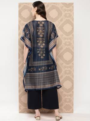 Yufta women blue cutdana work floral print kaftan kurta 4