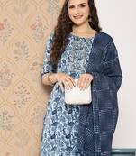 blue cotton printed kurta dupatta set
