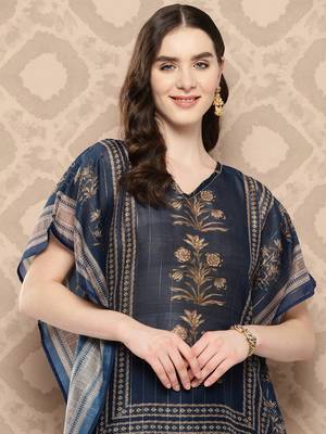 Yufta women blue cutdana work floral print kaftan kurta 5