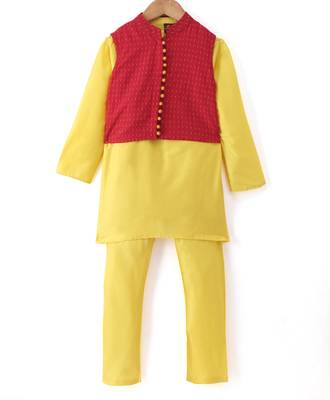 Twisha Boys Solid Kurta & Pyjama With Jacket - Yellow & Red 1