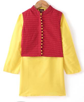 Twisha Boys Solid Kurta & Pyjama With Jacket - Yellow & Red 2