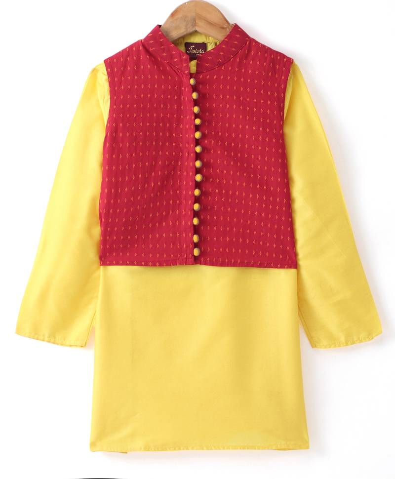 Twisha Boys Solid Kurta & Pyjama With Jacket - Yellow & Red