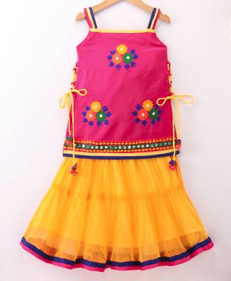 Twisha Girls Embroidered Kurta With Net Ghagra & Dupatta - Pink & Yellow 1