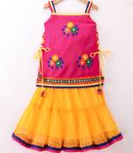 Twisha Girls Embroidered Kurta With Net Ghagra & Dupatta - Pink & Yellow