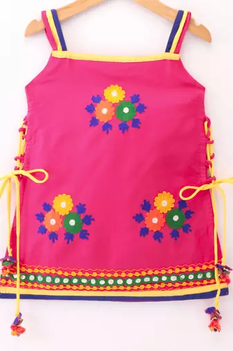 Twisha Girls Embroidered Kurta With Net Ghagra & Dupatta - Pink & Yellow
