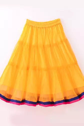 Twisha Girls Embroidered Kurta With Net Ghagra & Dupatta - Pink & Yellow
