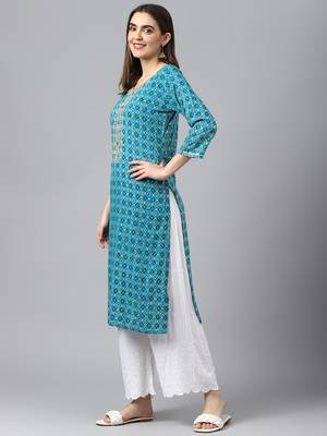 teal women bandhani printed straight kurta 3