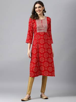 red women bandhani printed straight kurta 1